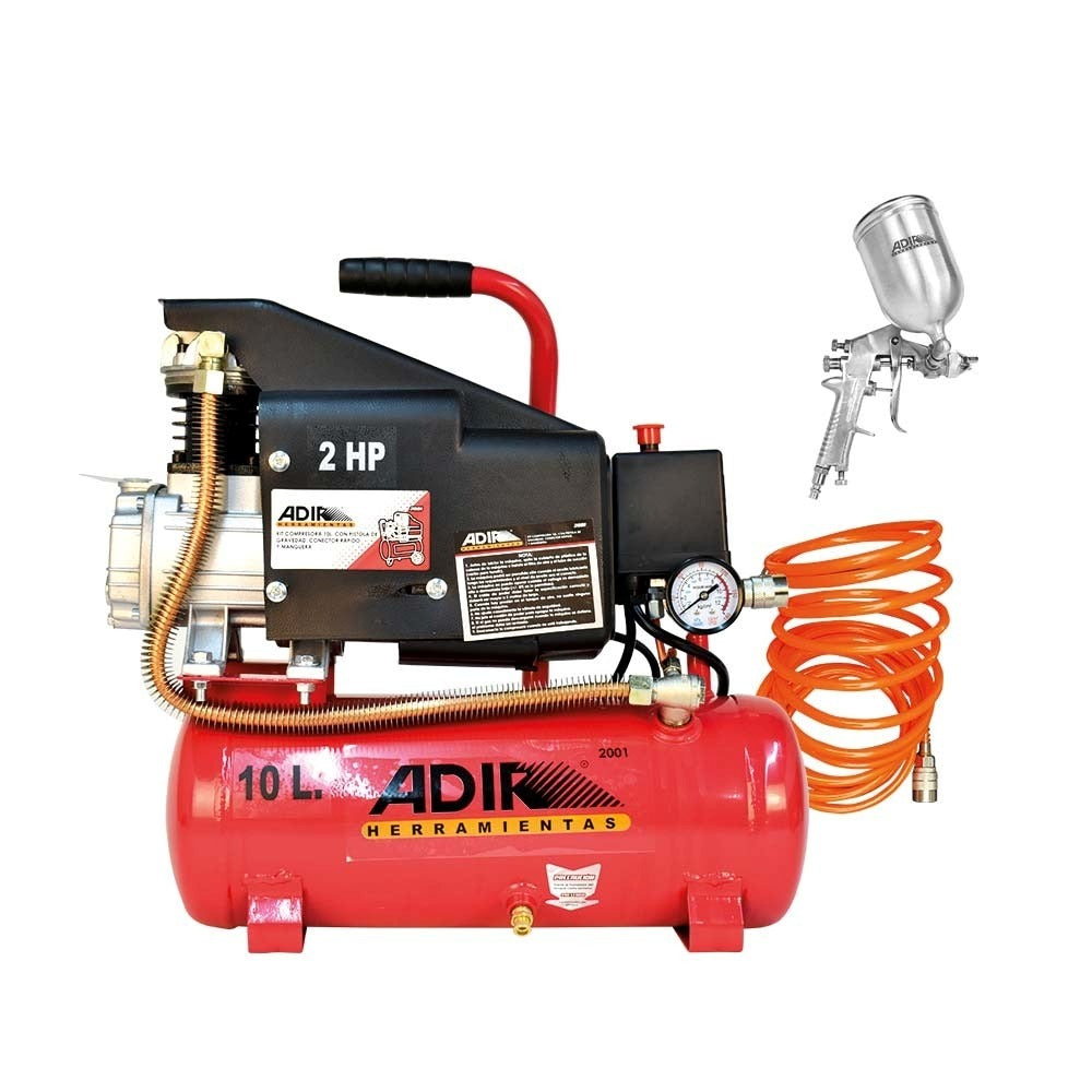 Combo Compresora 2 HP 10Lts Pistola y Manguera 2001 Adir