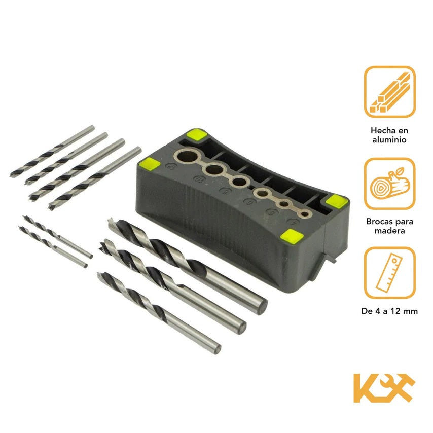 Guia para Taladro Plantilla en V de 4-12 mm C/9 Brocas para Madera 3-10 mm 300225 Kingsman