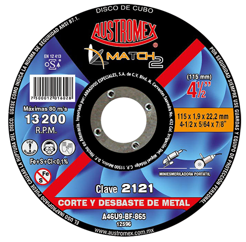 Disco para corte y desbaste de metal 4-1/2 Pulg 2121 Austromex