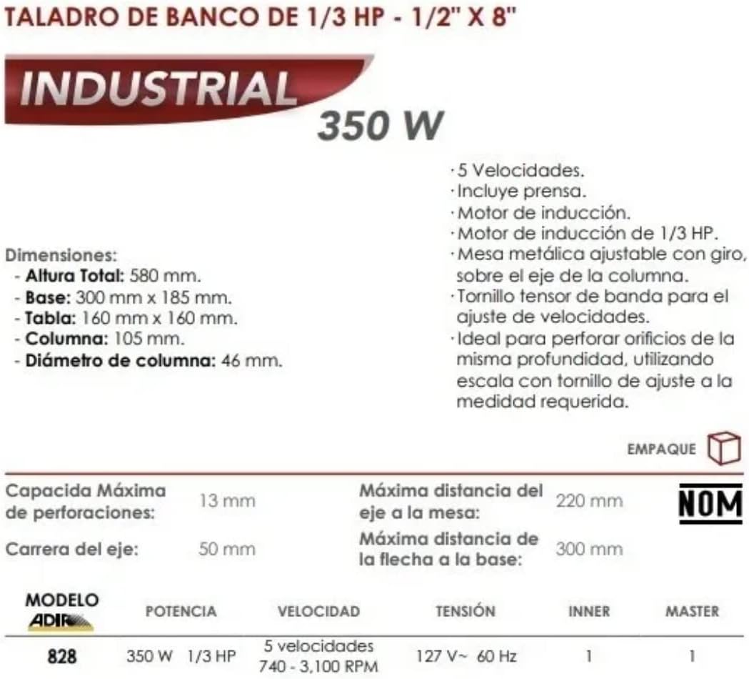 Taladro de banco 5V 1/2HP 828 ADIR