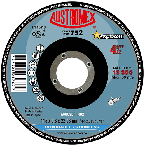Disco para corte de acero inoxidable 4-1/2 Pulg 752 Austromex