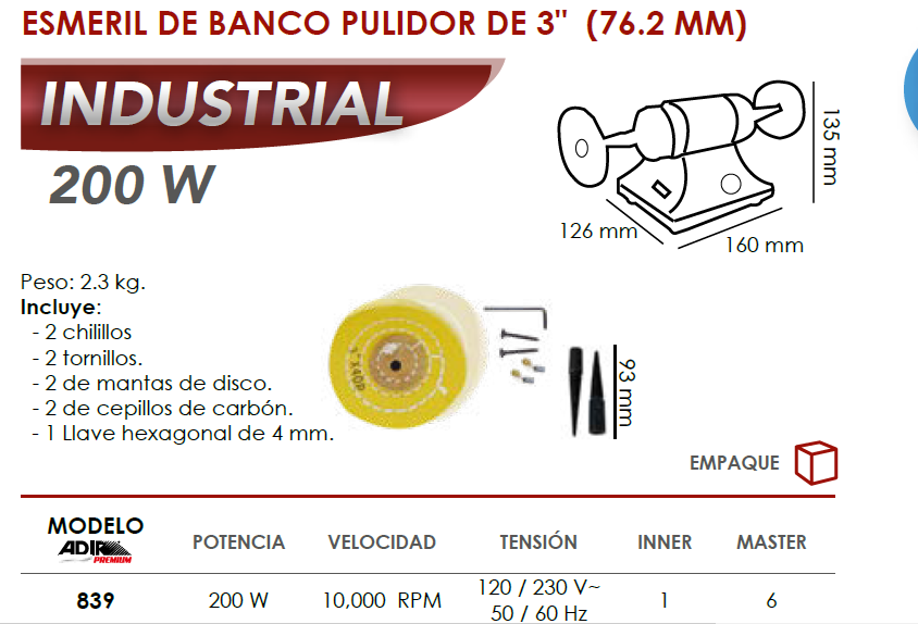 Esmeril de banco pulidor de 3" (76.2 mm) 839 Adir