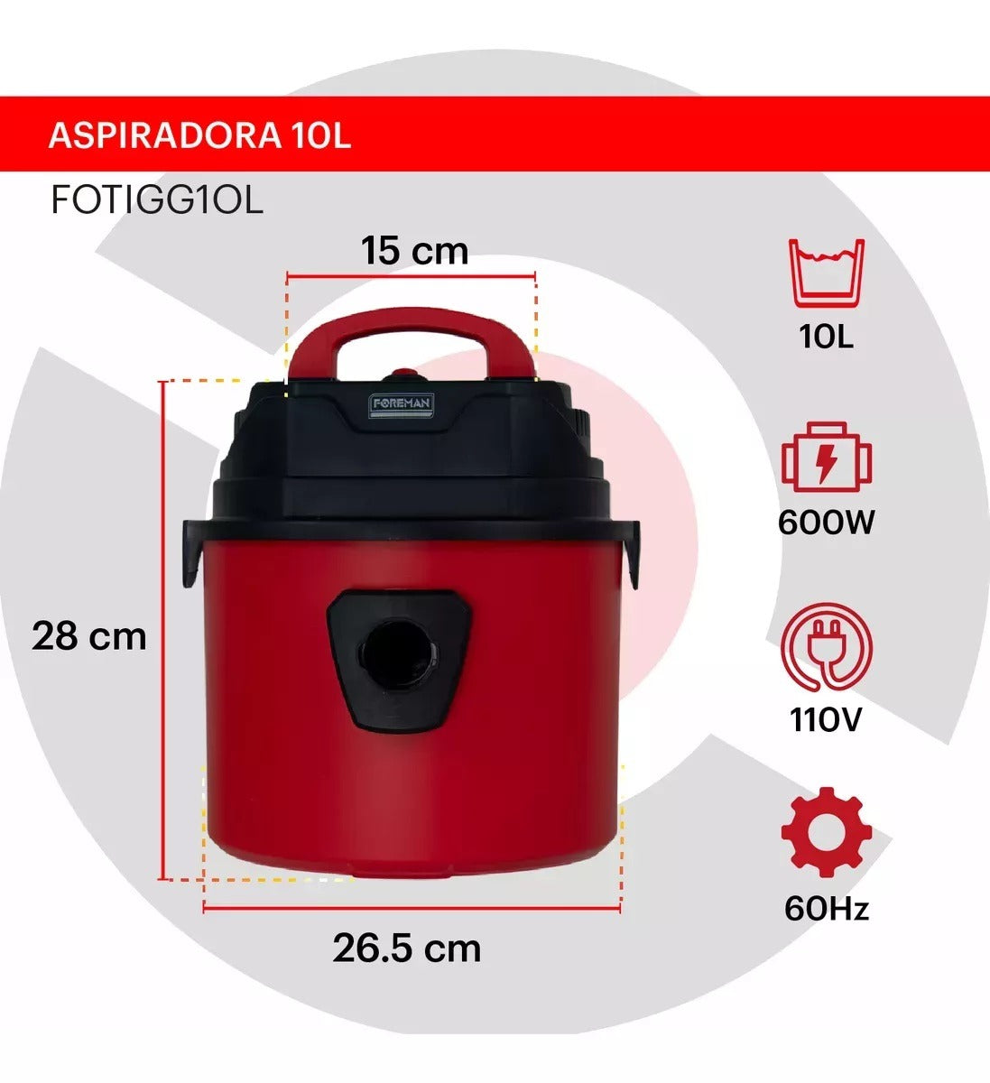 Aspiradora Sólido Líquido 600W 10L FOTIGG10L Foreman