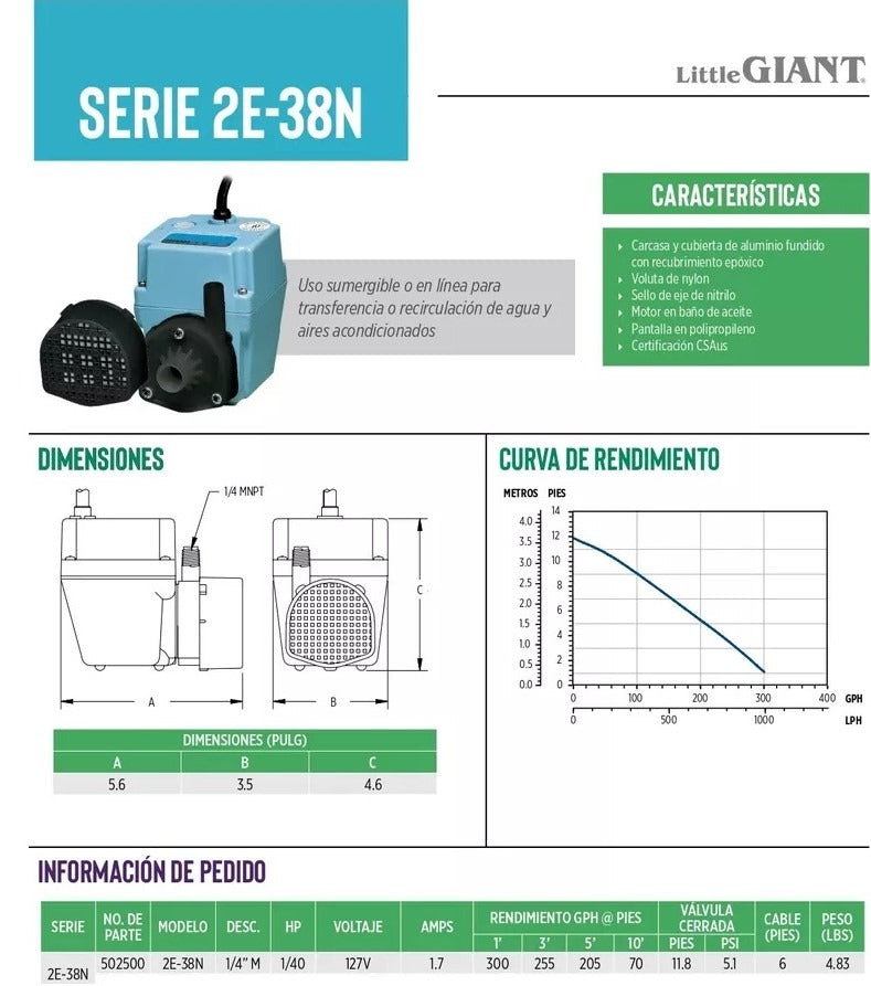 Bomba Para Fuentes Sumergible 3.6 Mts 2E-38N Little Giant