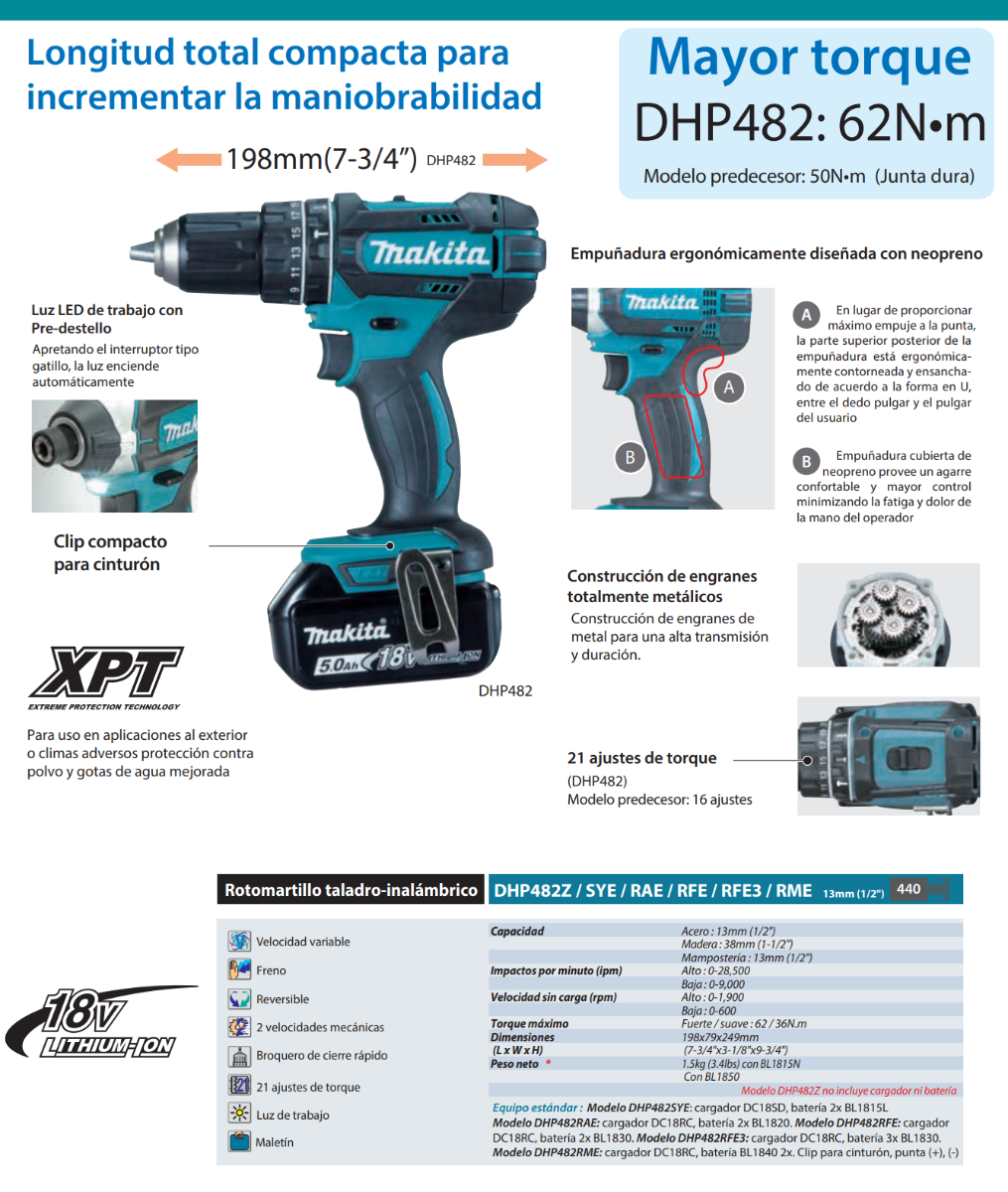 Rotomartillo 1/2 Pulg 18V VVR DHP482SYE Makita
