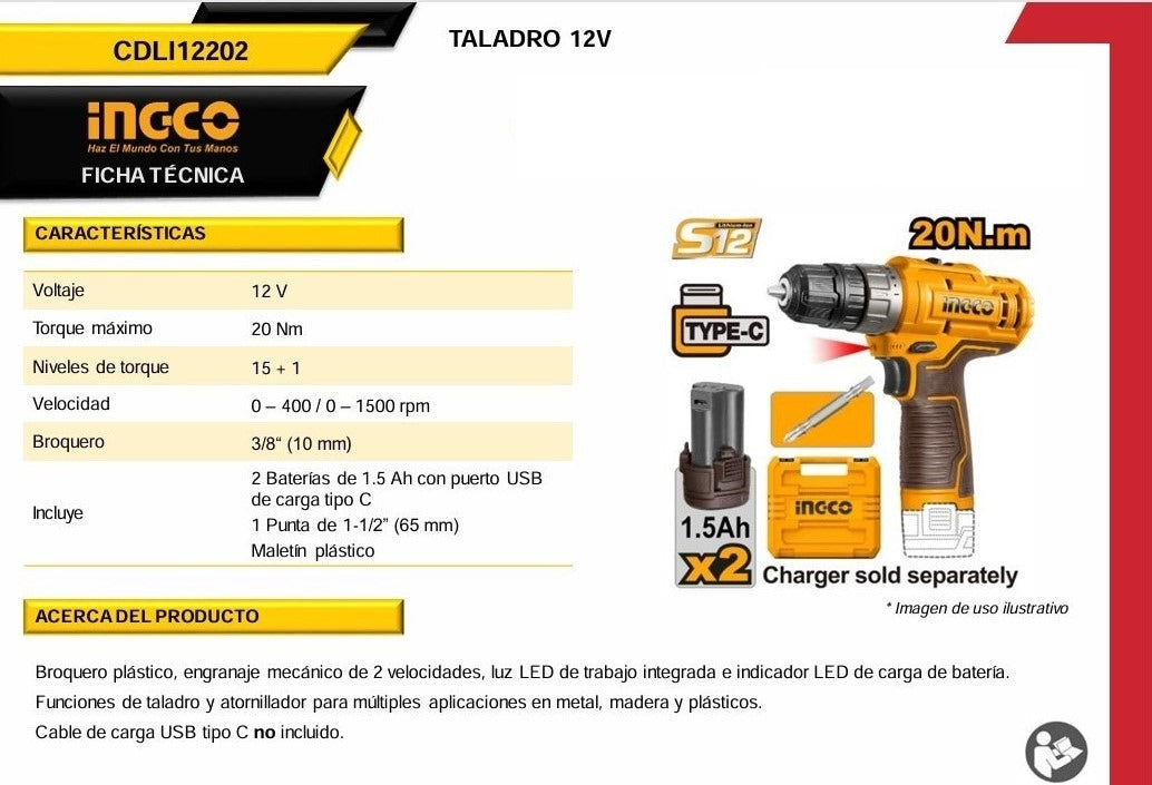 Taladro Atornillador 12V 3/8” CDLI12202 Ingco
