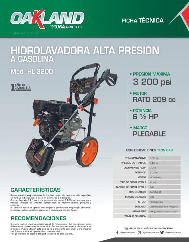 Hidrolavadora A Gasolina De Alta Presión Oakhl-3200 Oakland