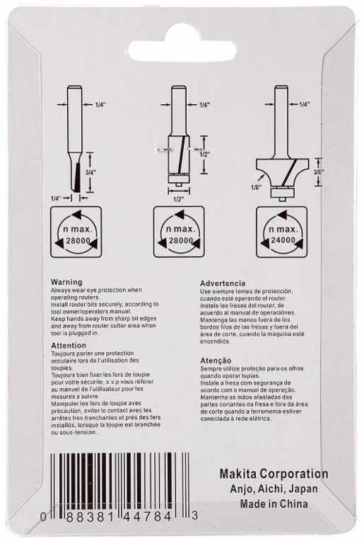 Fresas para router 3 Pz D53344 Makita