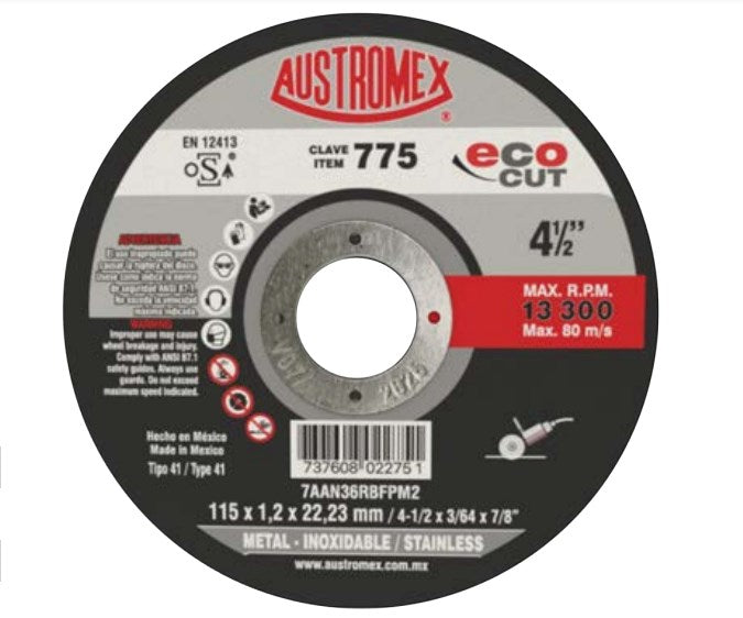 Disco abrasivo para corte de acero al carbón, inoxidable y metales 775 4 1/2" Austromex