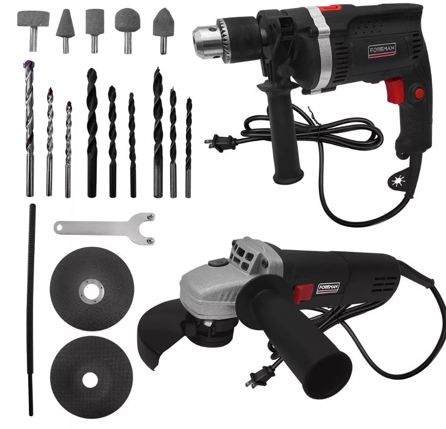 KIT TALADRO Y AMOLADORA ANGULAR CON ACCESORIOS FO1695 FOREMAN