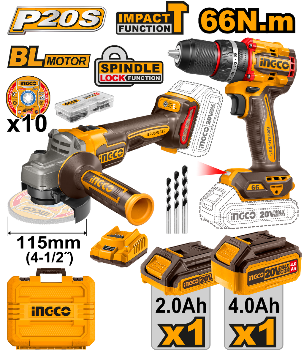 Combo Rotomartillo + Miniesmeriladora 4 1/2” 20V UCKLI20273 Ingco