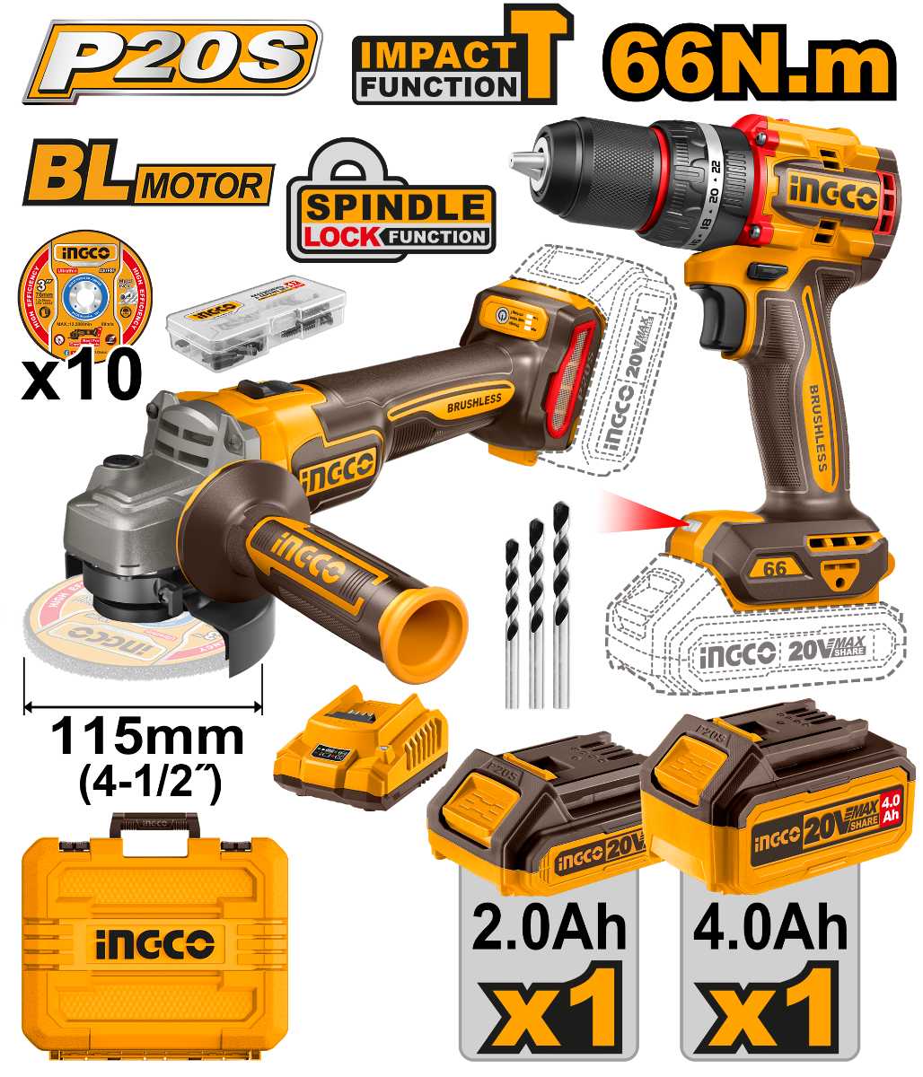 Combo Rotomartillo + Miniesmeriladora 4 1/2” 20V UCKLI20273 Ingco