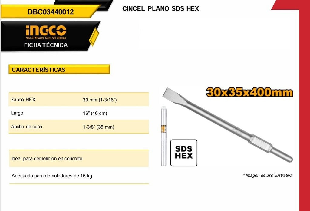 Cincel Hexagonal Plano 30 X 40 X 400mm DBC03440012 Ingco