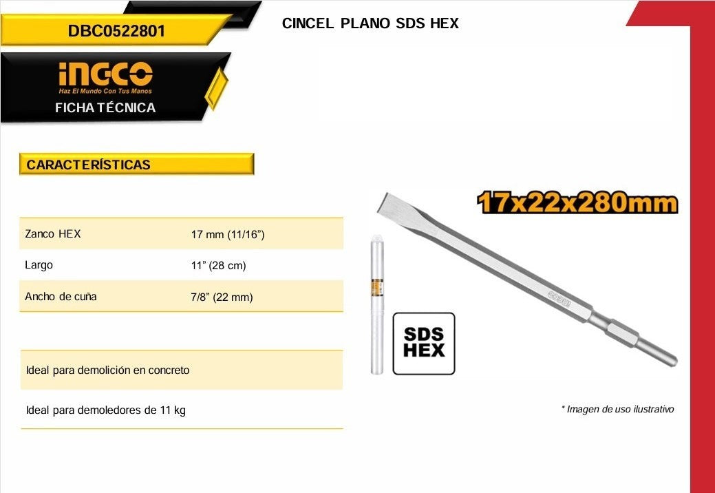 Cincel Hexagonal 17x280x22mm SDS Plano DBC0522801 Ingco