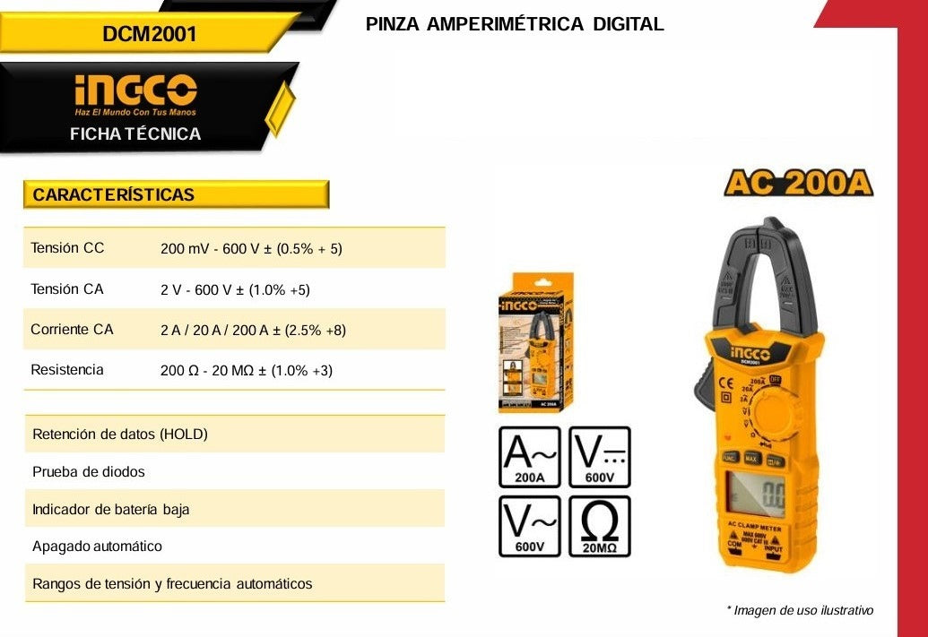Multímetro de Gancho Digital CA DCM2001 Ingco