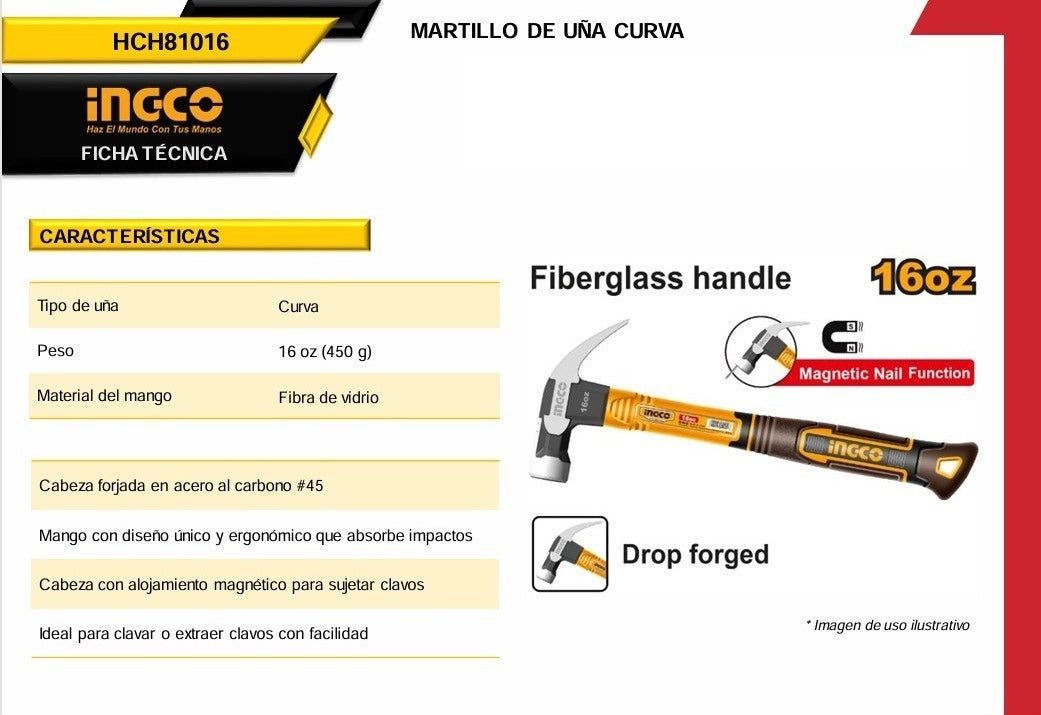 Martillo de Uña 16oz HCH81016 Ingco