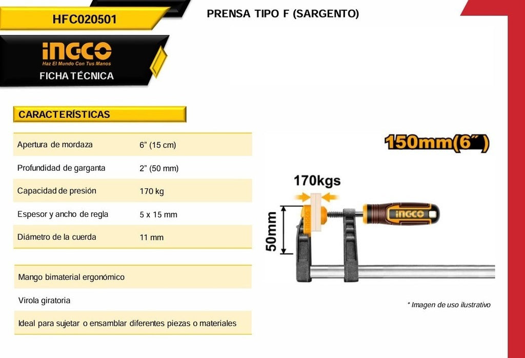 Sargento Para Madera 6” HFC020501 Ingco