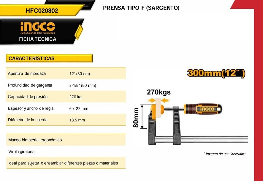 Sargento Para Madera 12” HFC020802 Ingco