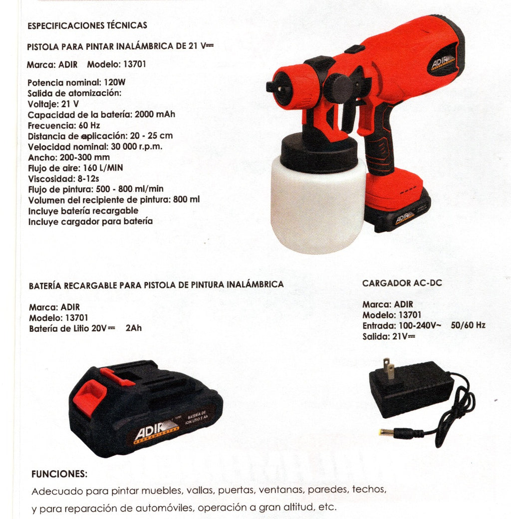 Pistola Para Pintar Inalámbrica 21V 13701 Adir