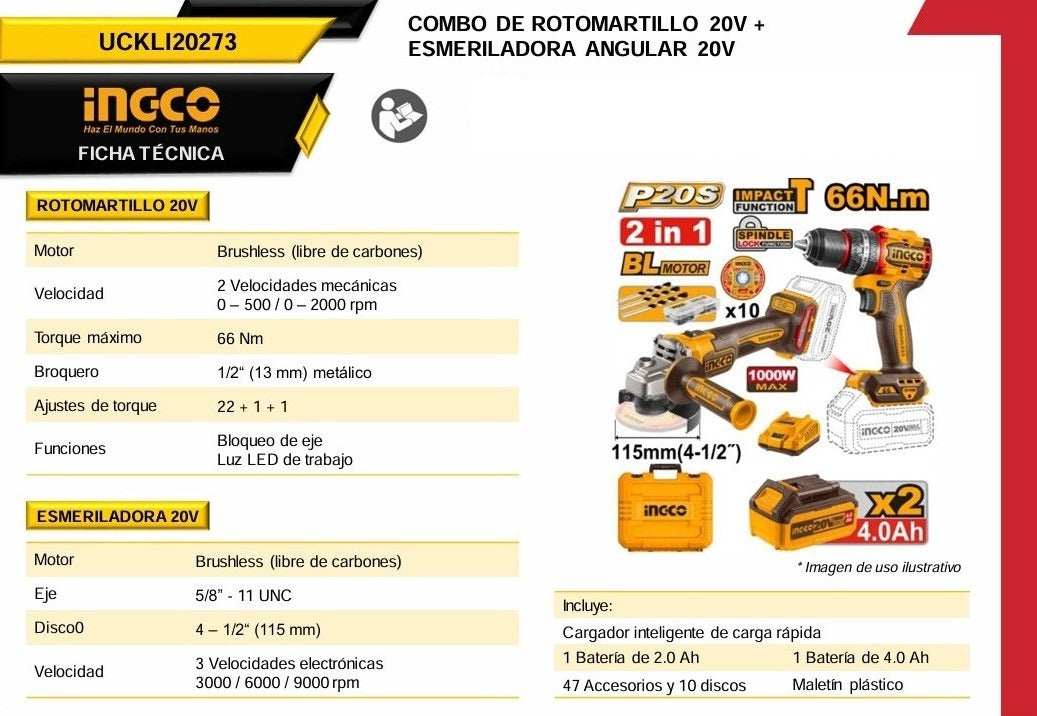 Combo Rotomartillo + Miniesmeriladora 4 1/2” 20V UCKLI20273 Ingco