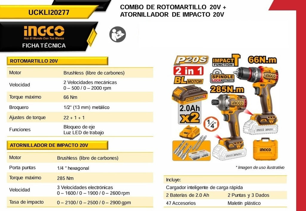 Combo Rotomartillo + Atornillador 20V UCKLI20277 Ingco