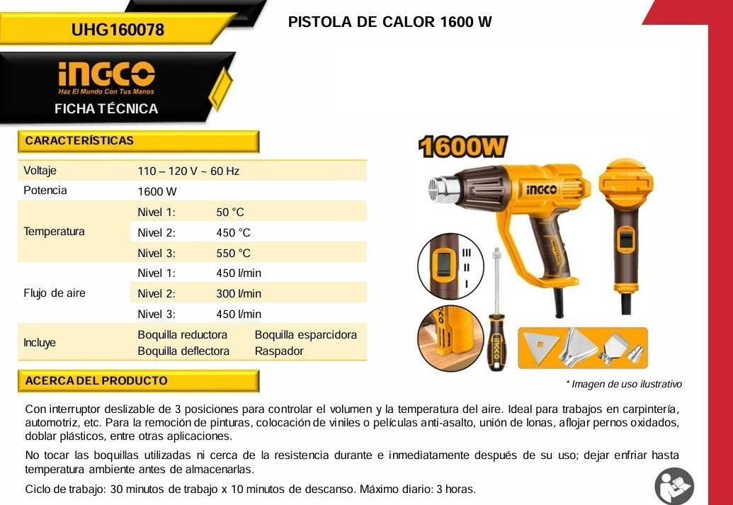Pistola de Calor 1600W UHG160078 Ingco