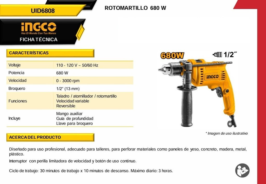 Taladro de Impacto 1/2" 680W UID6808 Ingco