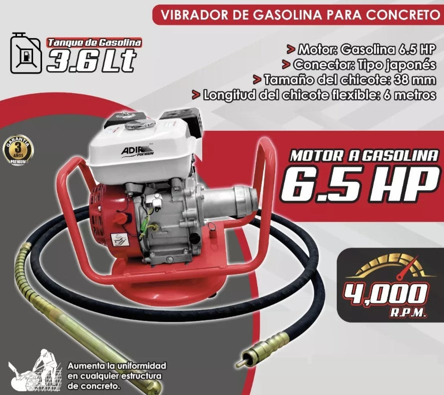Vibrador De Concreto a Gasolina 6.5hp chicote de 6m 9197 Adir